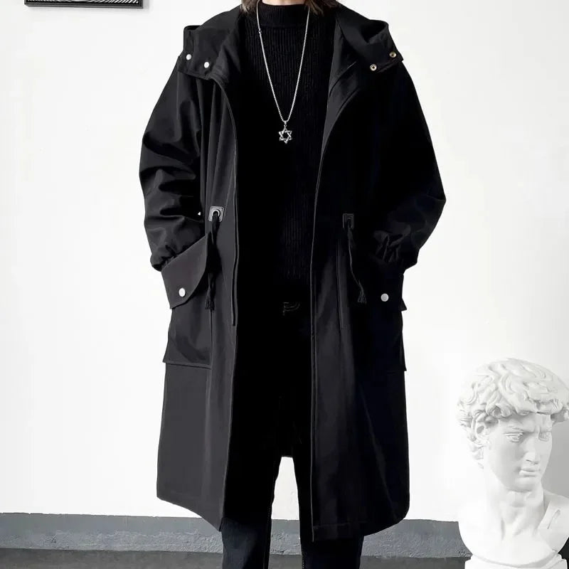 Army Green Hooded Mid-Length Windbreaker Coat Men-HighTouch