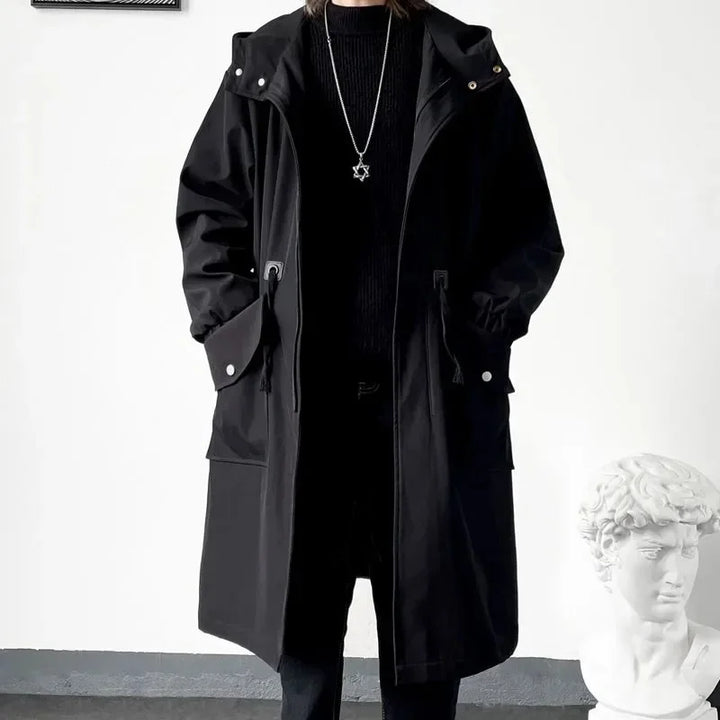 Army Green Hooded Mid-Length Windbreaker Coat Men-HighTouch