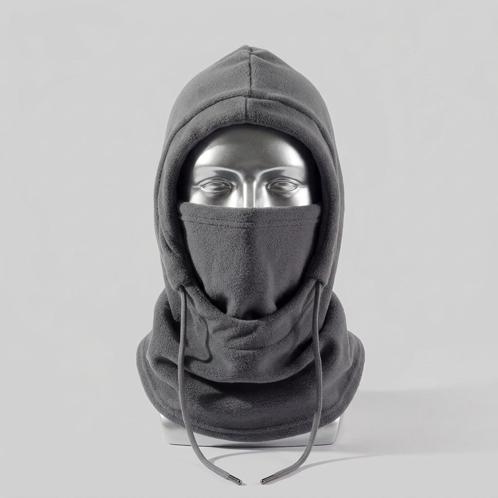 Gray 3-in-1 hat, face mask, and scarf with windproof and warm features on a light gray background.