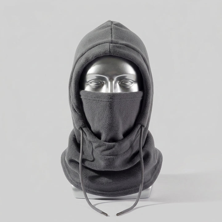 Gray 3-in-1 hat, face mask, and scarf with windproof and warm features on a light gray background.