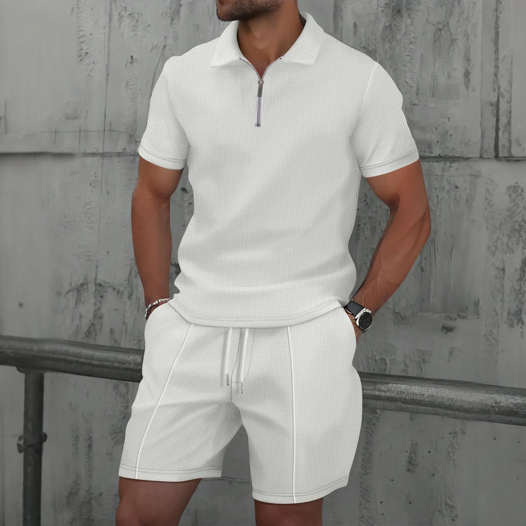 Men’s Summer Waffle Knit Zip-Up Lapel Short Sleeve Suit & Shorts Set-HighTouch