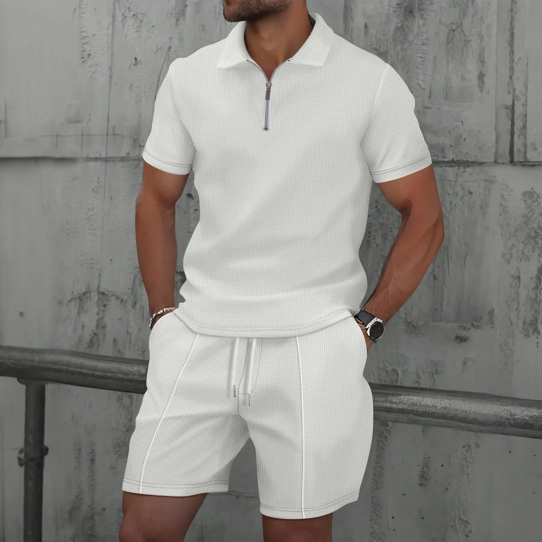 Men’s Summer Waffle Knit Zip-Up Lapel Short Sleeve Suit & Shorts Set-HighTouch