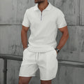 Men’s Summer Waffle Knit Zip-Up Lapel Short Sleeve Suit & Shorts Set-HighTouch
