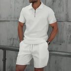 Men’s Summer Waffle Knit Zip-Up Lapel Short Sleeve Suit & Shorts Set-HighTouch
