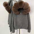 Women’s Hooded Knit Cardigan with Real Fox Fur – Casual Short Coat-HighTouch