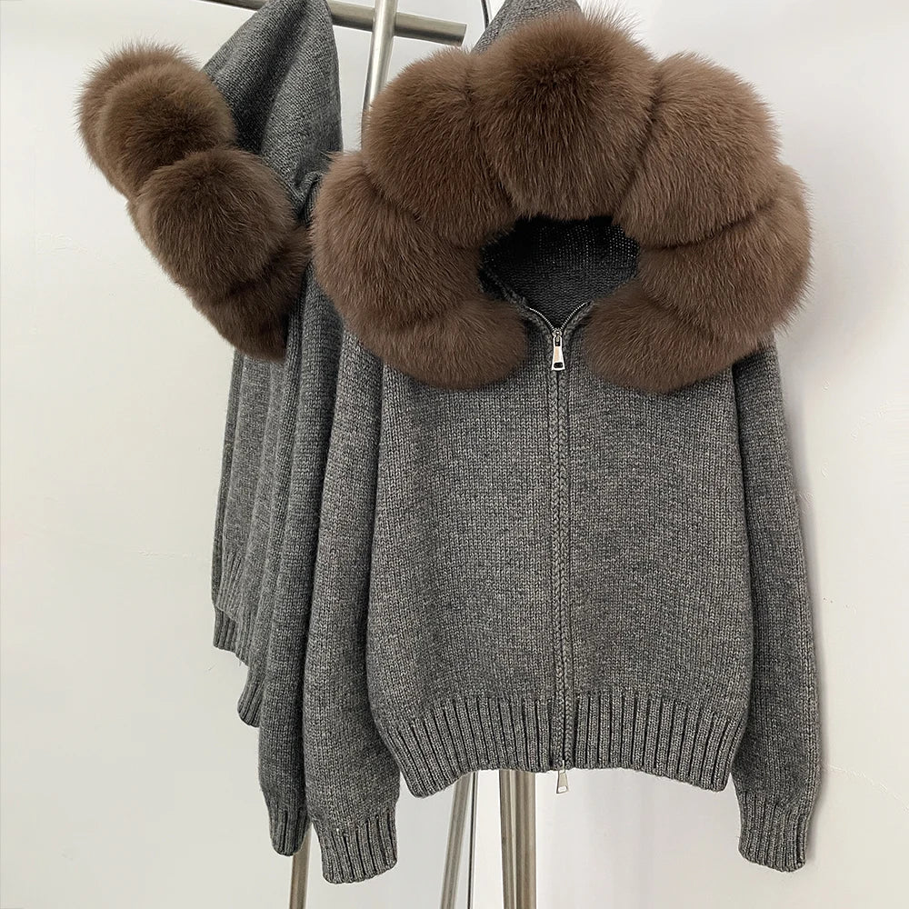 Women’s Hooded Knit Cardigan with Real Fox Fur – Casual Short Coat-HighTouch