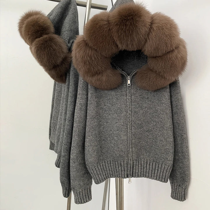 Women’s Hooded Knit Cardigan with Real Fox Fur – Casual Short Coat-HighTouch