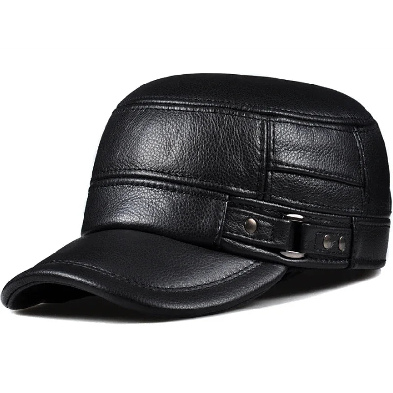 Cowhide Leather Ear-Warm Flat Cap – Vintage Winter Military Style-HighTouch