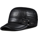 Cowhide Leather Ear-Warm Flat Cap – Vintage Winter Military Style-HighTouch