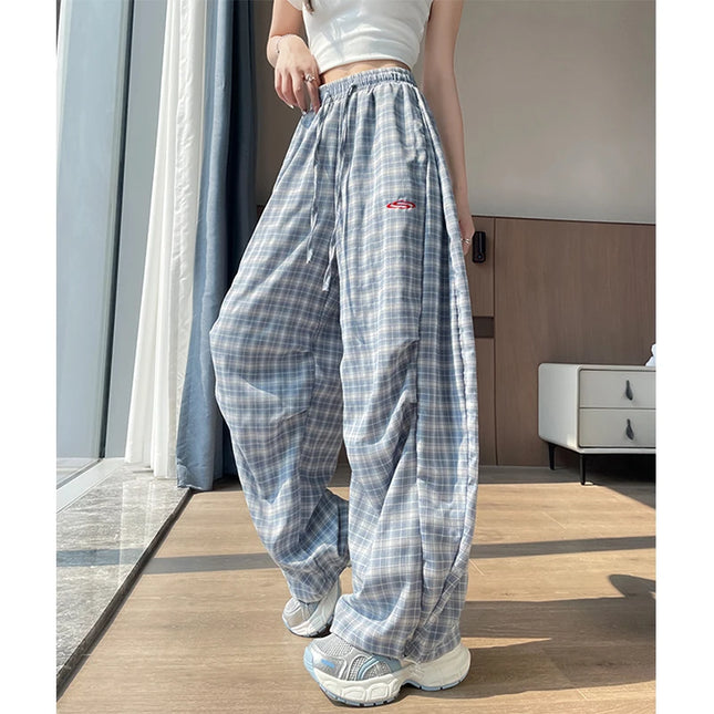 Harajuku Plaid Wide‑Leg Women’s Joggers – Y2K High‑Waist Casual Trousers