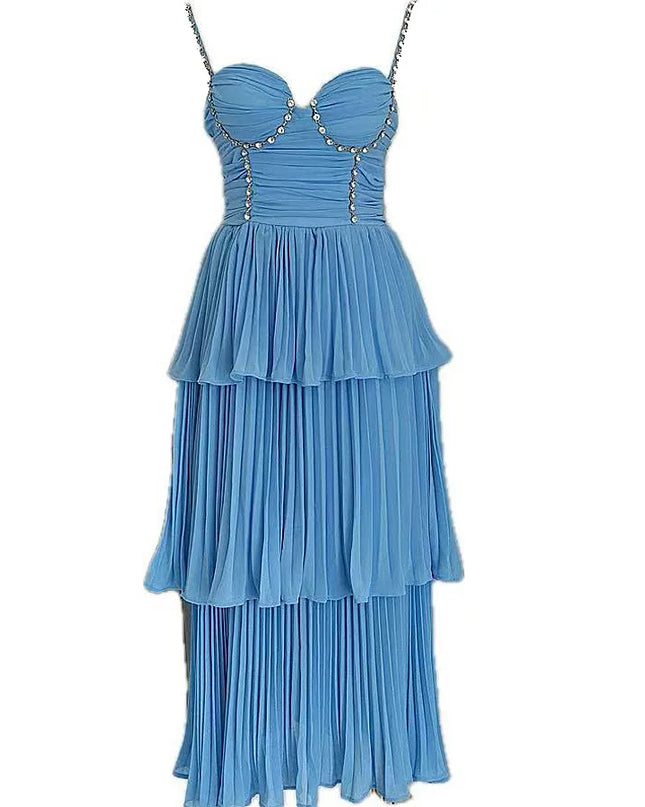 Elegant Diamond Pleated A-Line Evening Dress – Sleeveless V-Neck Gown