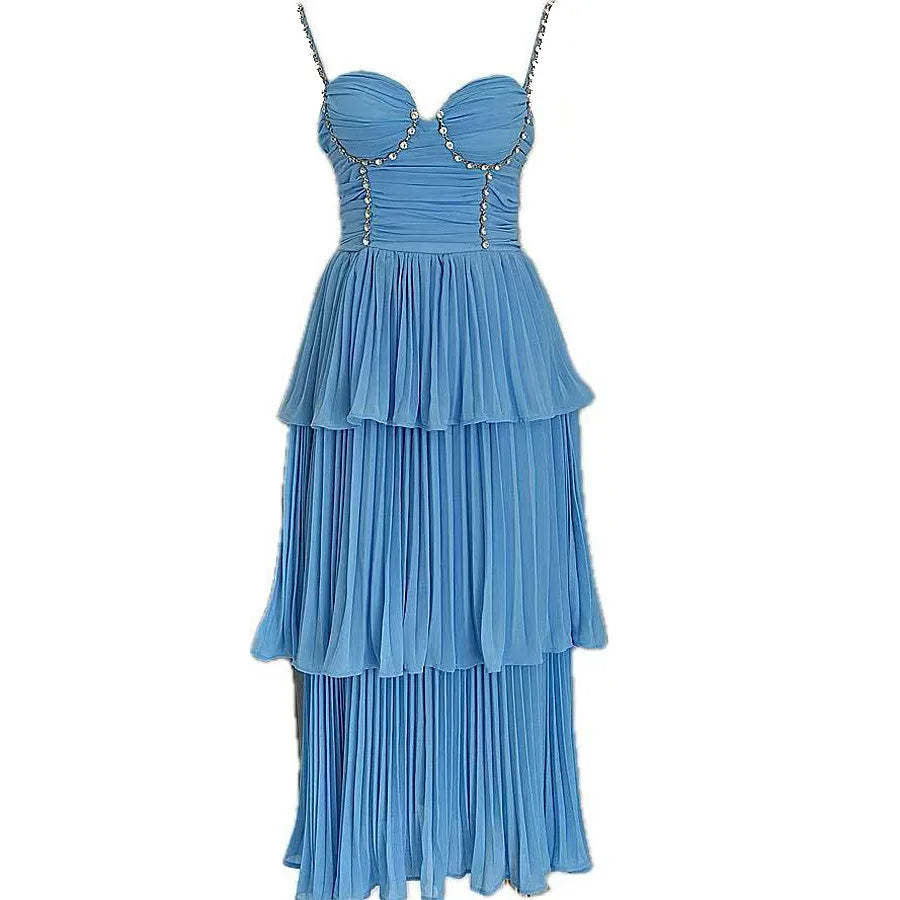 Elegant Diamond Pleated A-Line Evening Dress – Sleeveless V-Neck Gown