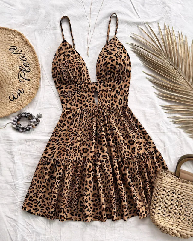 Leopard Print Backless Camisole Mini Dress – 4‑Color Summer Style