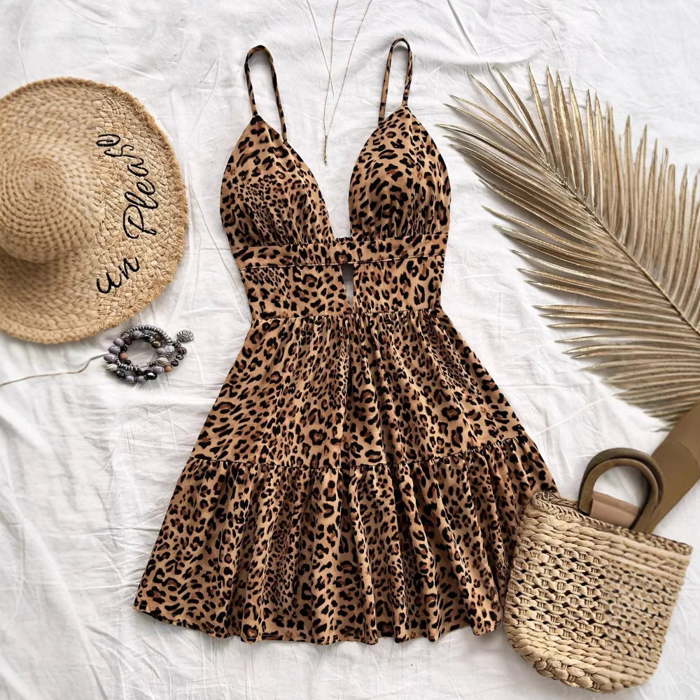 Leopard Print Backless Camisole Mini Dress – 4‑Color Summer Style