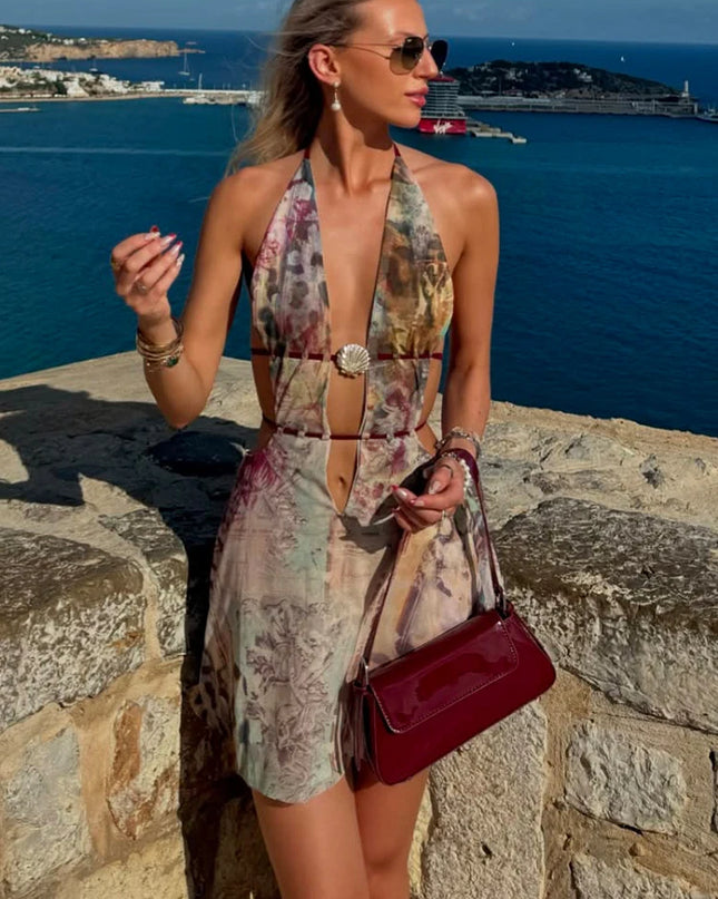 Halter Mesh Splice Mini Dress | Backless Bodycon Party Dress