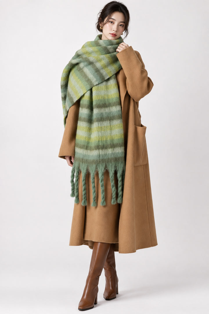 Retro Mohair Plaid Tassel Scarf Thick Winter Long Shawl