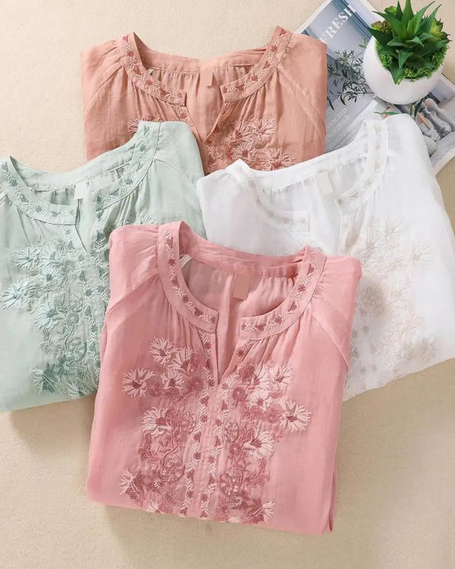Embroidered Linen Cotton Blouse – Casual 3/4 Sleeve Women’s Top