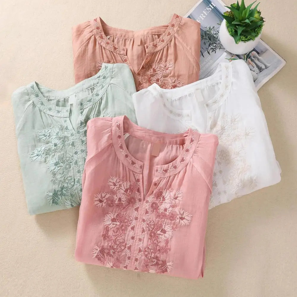 Embroidered Linen Polyster Blouse – Casual 3/4 Sleeve Women’s Top-HighTouch