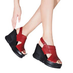 Women’s Cowhide Wedge Slides Summer Casual Slip-On Sandals-HighTouch