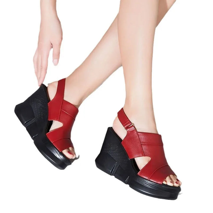 Women’s Cowhide Wedge Slides Summer Casual Slip-On Sandals-HighTouch