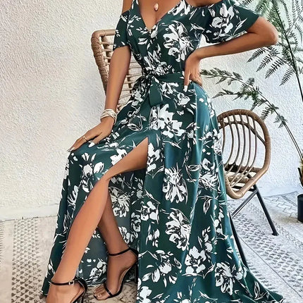 Boho Floral Cold-Shoulder Split Maxi Dress Women