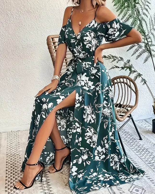 Boho Floral Cold-Shoulder Split Maxi Dress Women