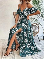 Boho Floral Cold-Shoulder Split Maxi Dress Women-HighTouch