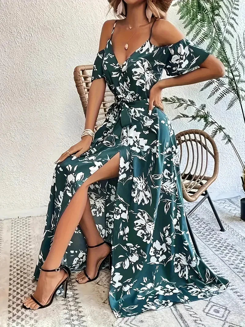 Boho Floral Cold-Shoulder Split Maxi Dress Women