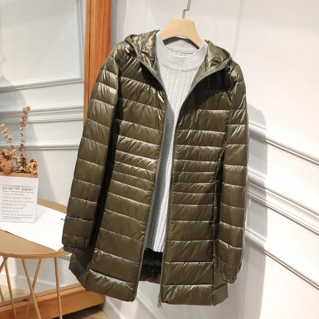 Women’s Long Warm Down Coat with Portable Storage Bag