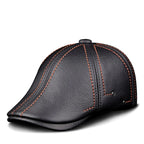Authentic Cowhide Leather Beret – Men’s Striped Black Real Leather Cap-HighTouch