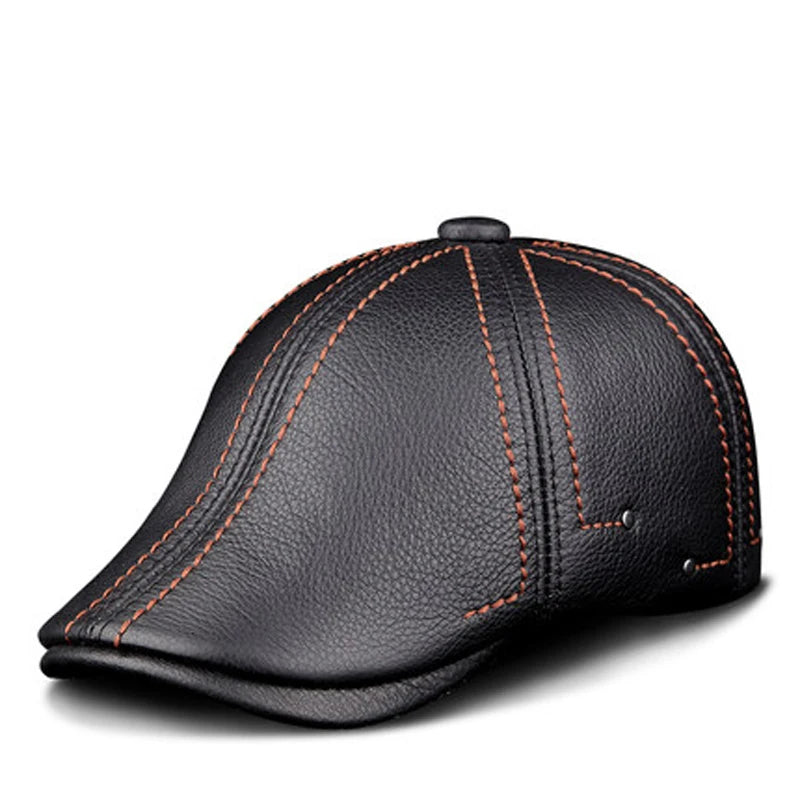 Authentic Cowhide Leather Beret – Men’s Striped Black Real Leather Cap