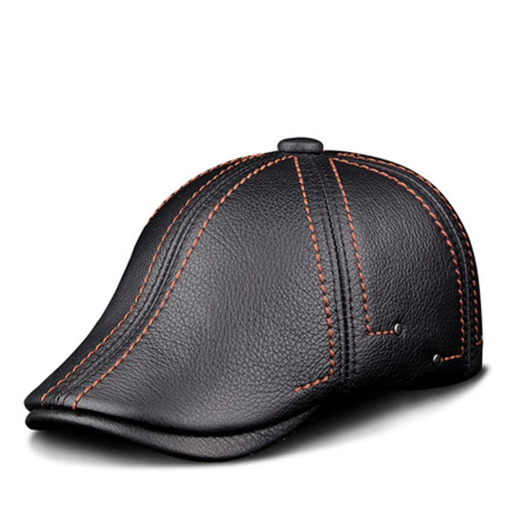 Authentic Cowhide Leather Beret – Men’s Striped Black Real Leather Cap-HighTouch