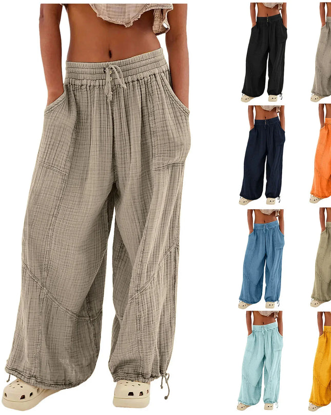 Beach Linen Wide-Leg Pants – High-Waist Palazzo Loose Harem Pants with Pockets