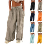 Beach Linen Wide-Leg Pants – High-Waist Palazzo Loose Harem Pants with Pockets-HighTouch