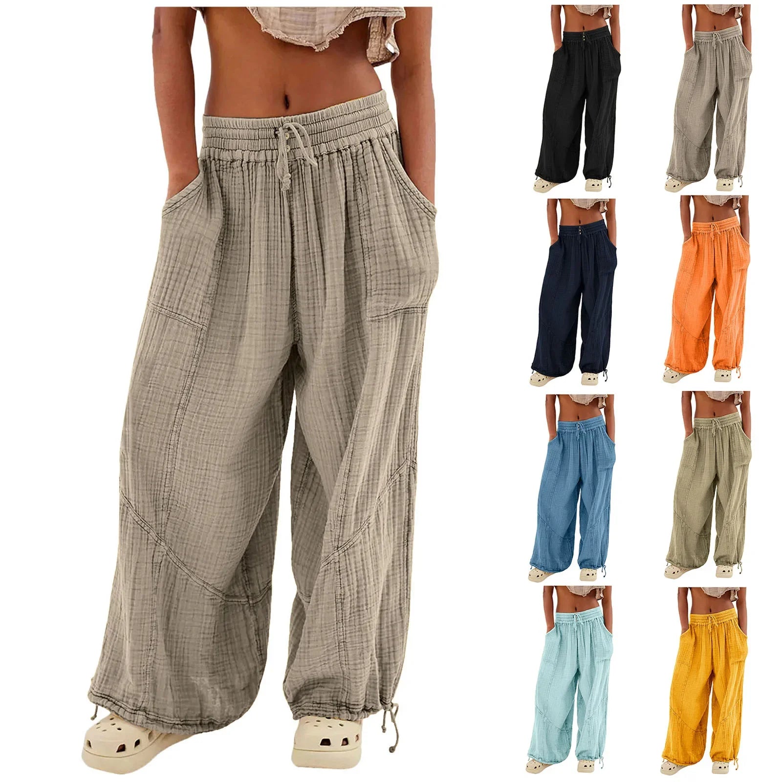 Beach Linen Wide-Leg Pants – High-Waist Palazzo Loose Harem Pants with Pockets