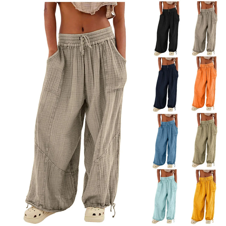 Beach Linen Wide-Leg Pants – High-Waist Palazzo Loose Harem Pants with Pockets-HighTouch