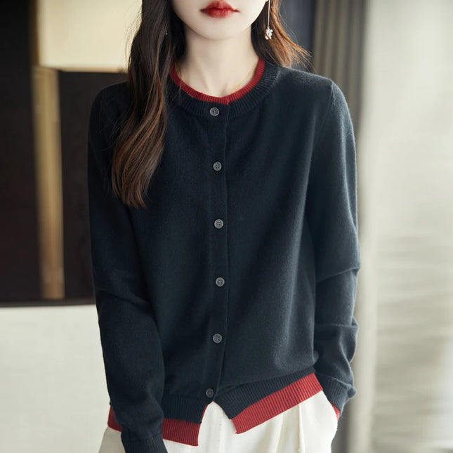 Spring Knit Patchwork Cardigan Lightweight O‑Neck Long Sleeve Sweater for Women