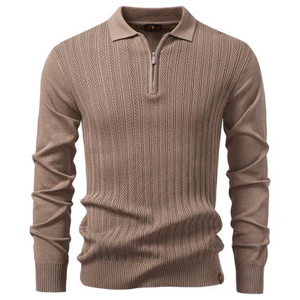 Premium Textured Zip-Collar Polo – Slim Fit Long Sleeve Men’s Business Casual