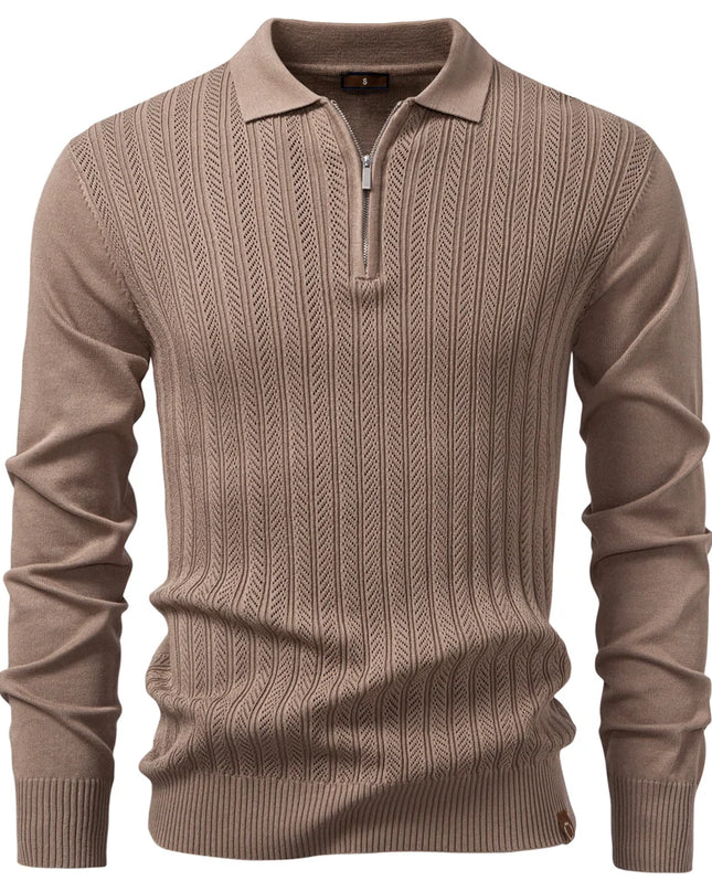 Premium Textured Zip-Collar Polo – Slim Fit Long Sleeve Men’s Business Casual