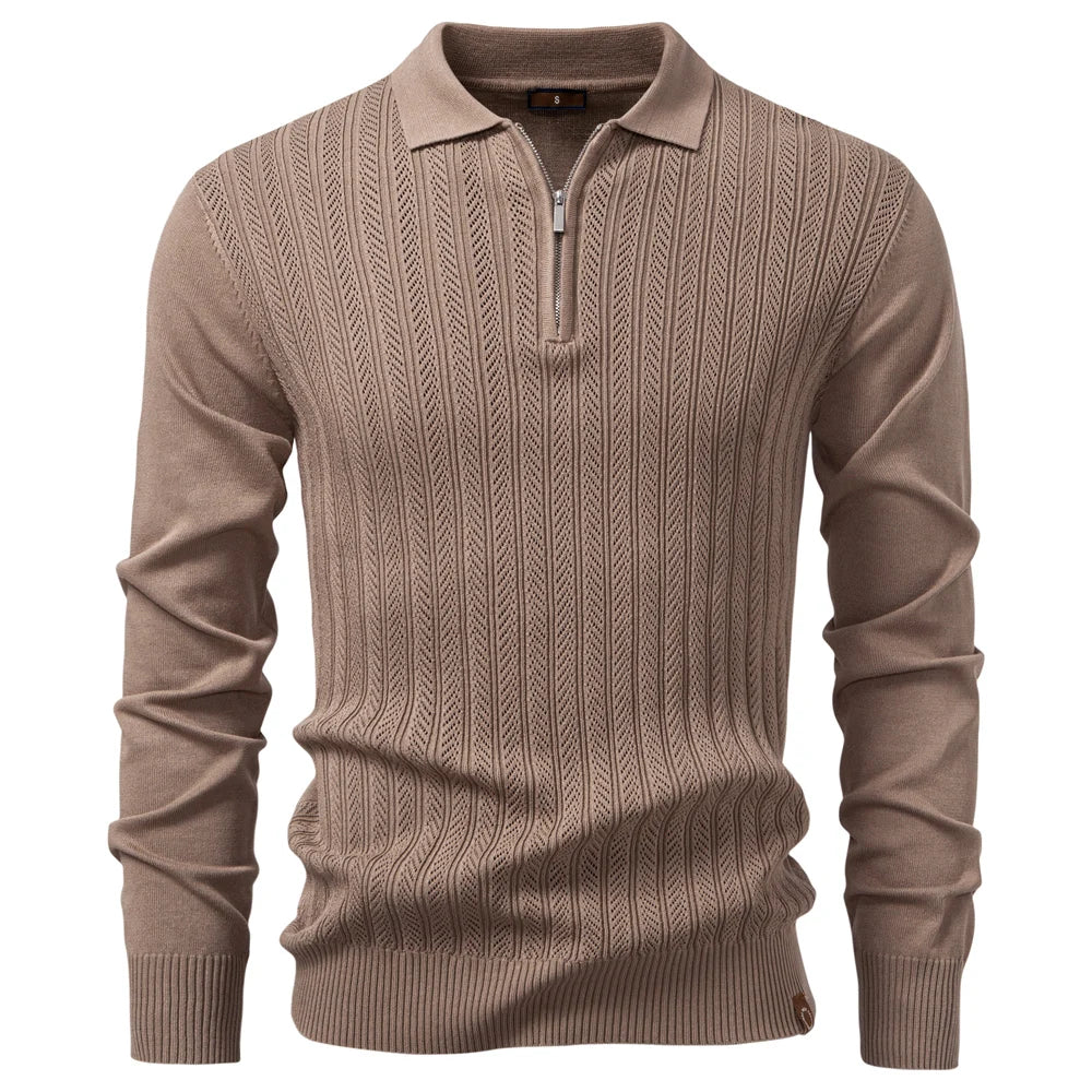 Premium Textured Zip-Collar Polo – Slim Fit Long Sleeve Men’s Business Casual-HighTouch