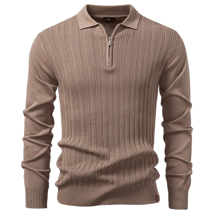Premium Textured Zip-Collar Polo – Slim Fit Long Sleeve Men’s Business Casual-HighTouch