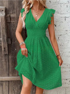 V‑Neck Hollow‑Lace Flare Sleeve Beach Midi Dress-HighTouch
