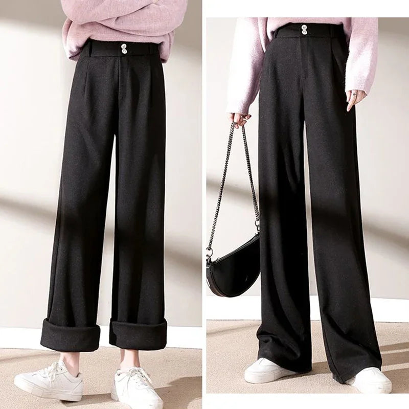 Women High Waist Wool Blend Straight Leg Trousers-HighTouch
