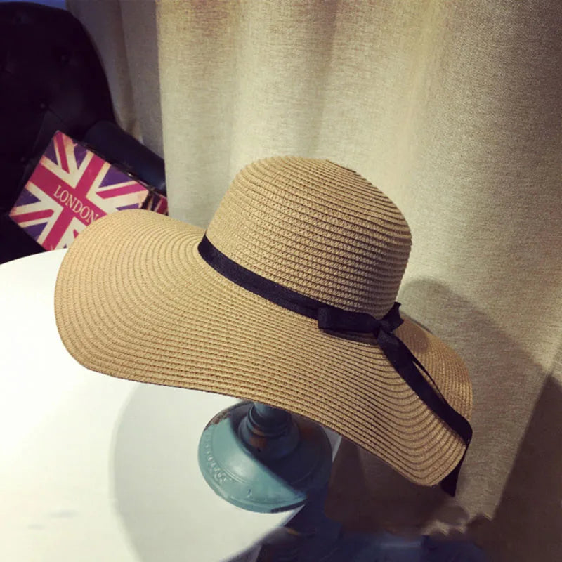 Wide-Brim Straw Fedora with Bowknot – Packable Summer Sun Hat-HighTouch