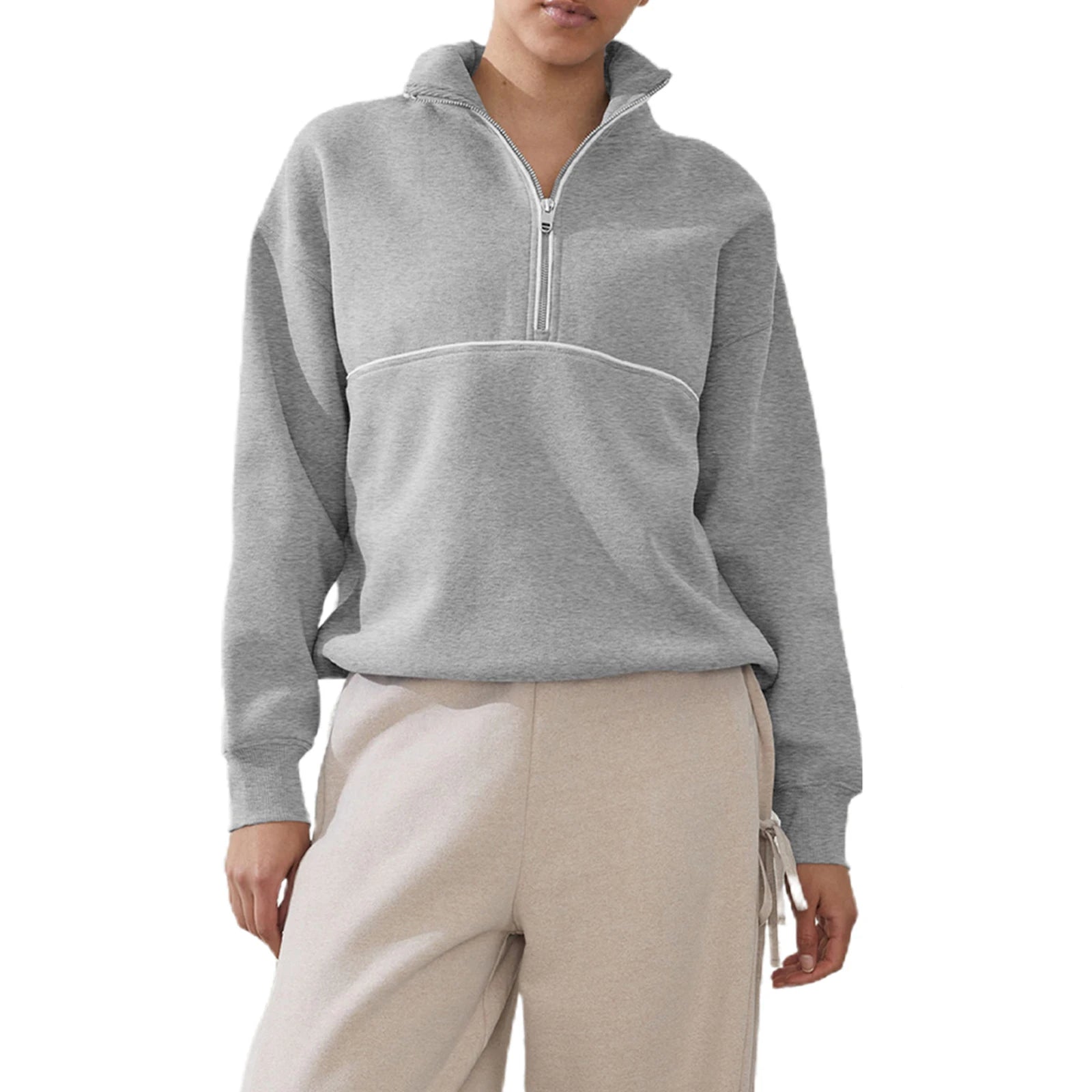 Colour-Block Half-Zip Pullover Sweatshirt – Loose Streetwear Long Sleeve