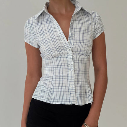 Plaid Button-Down Shirt – 90s Summer Top for Women