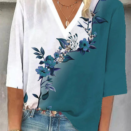 Vintage 3D Floral Oversized V‑Neck Tee – Breezy Summer Style