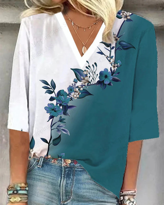 Vintage 3D Floral Oversized V‑Neck Tee – Breezy Summer Style
