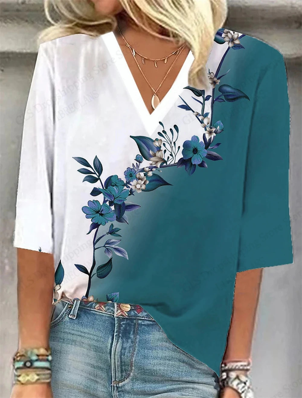 Vintage 3D Floral Oversized V‑Neck Tee – Breezy Summer Style