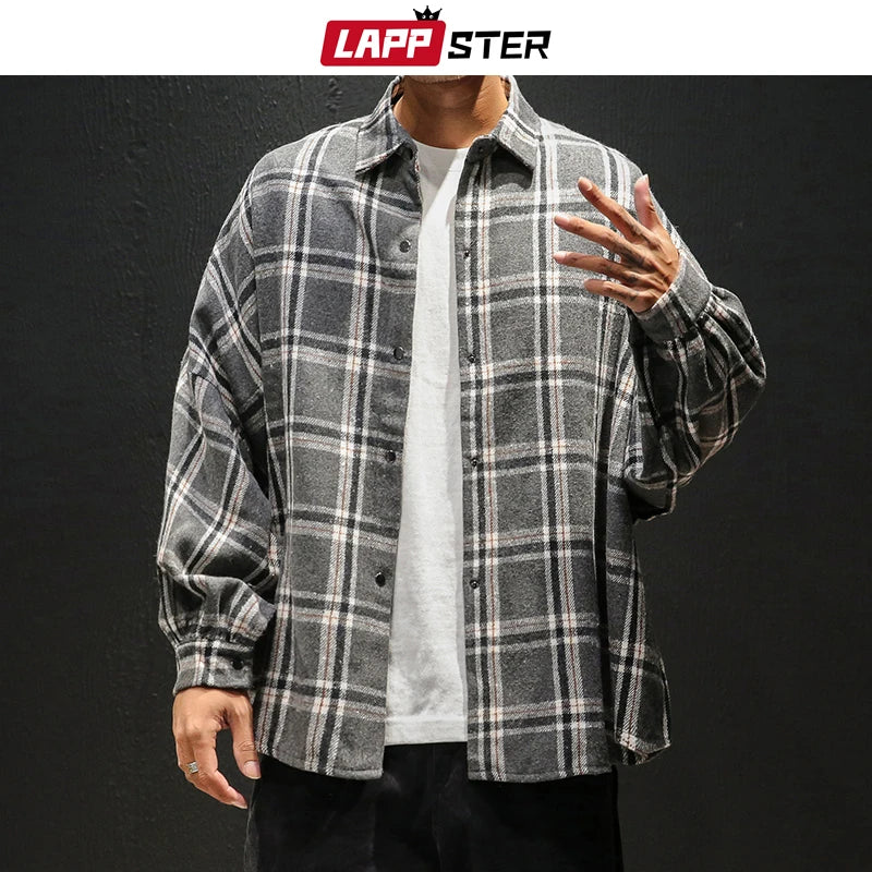 Oversized Vintage Plaid Shirt Men – Thick Long-Sleeve Streetwear Blouse
